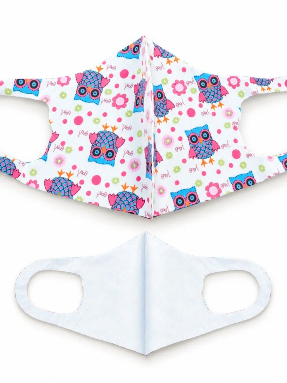 Kids White Owl Print Face Mask - Pink & Blue